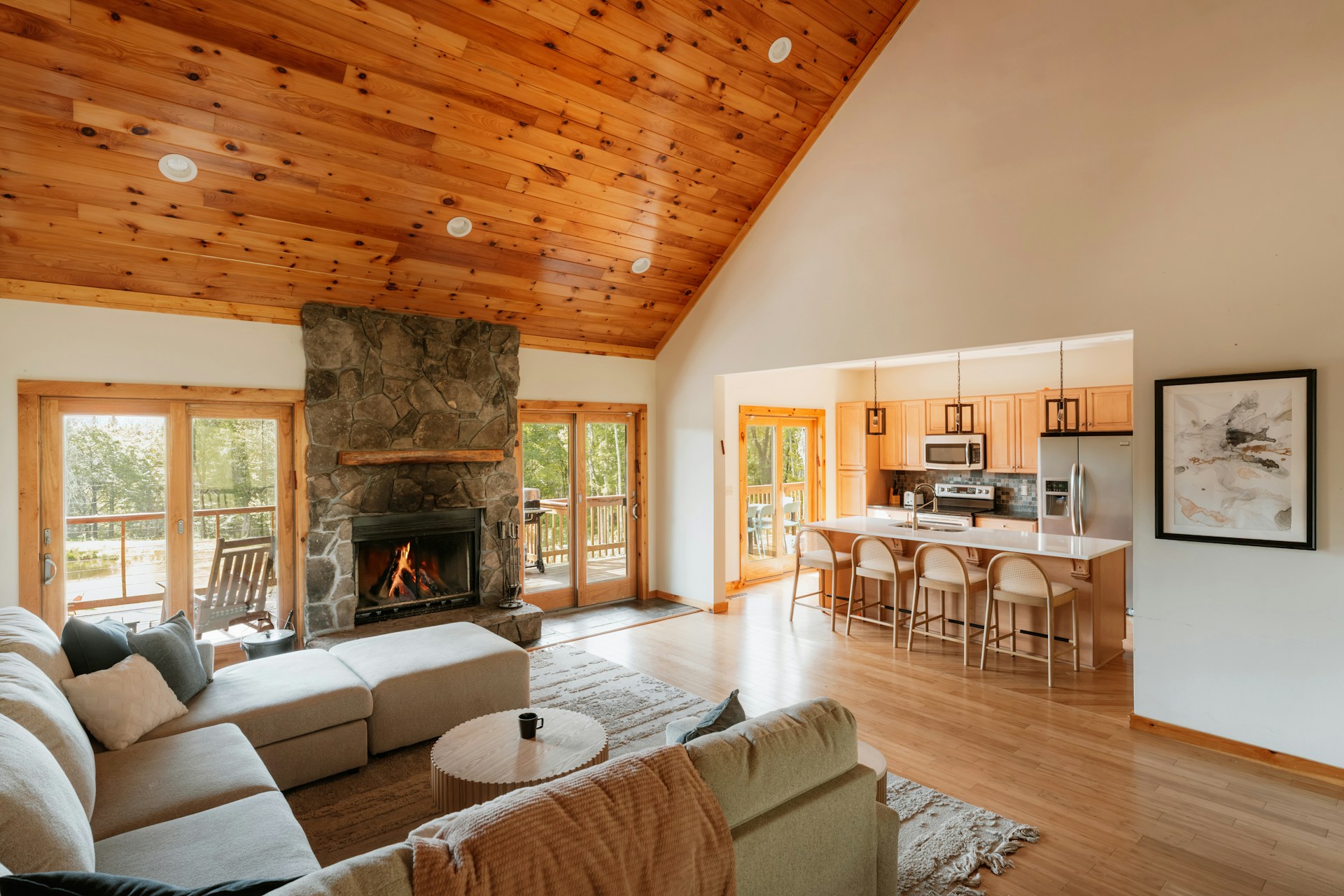 Cozy gas fireplace burning in a Northern Virginia living room